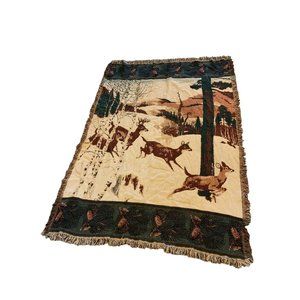 Deer in Snow Coming Home USA Cotton Tapestry Throw Blanket Fringe 50" x 68"